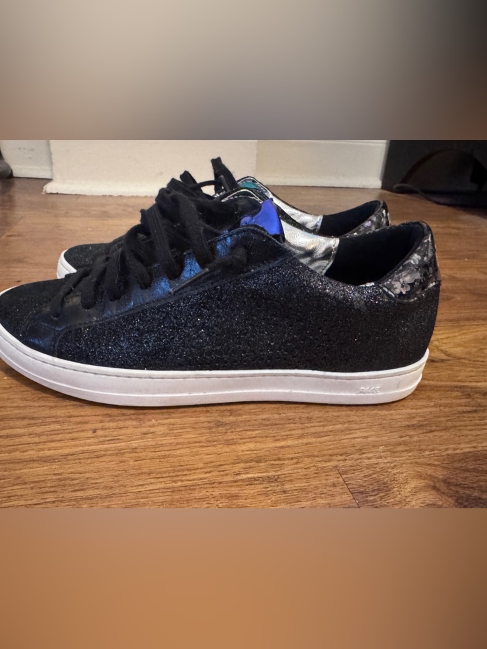 P448 Black Glitter Low-Top Sneakers with White Sole, Size 37